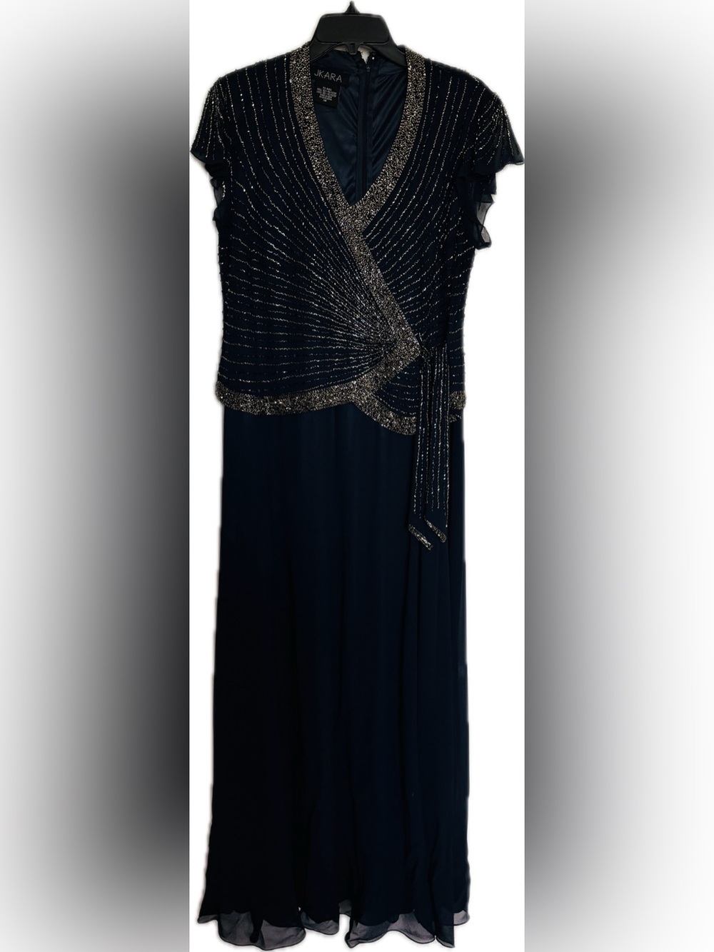 J Kara Navy and Metallic Beaded Wrap-Style Maxi Dress